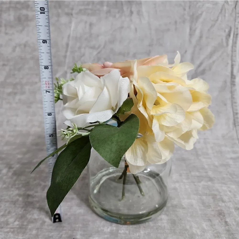 New Silk Rose Hydrangea Peony Artificial Flowers in Clear Glass Vase